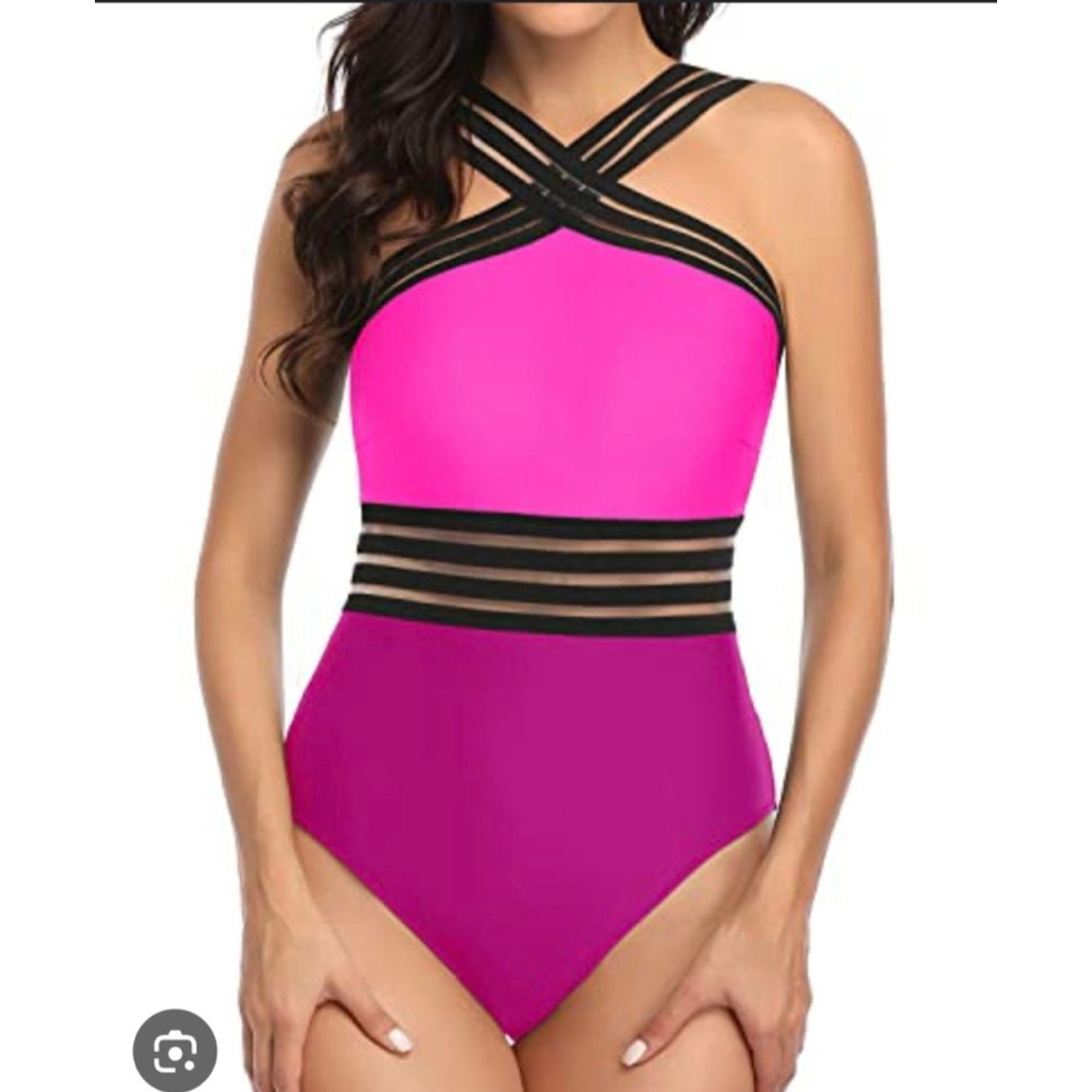 Women's Hilor‎ Magenta & Black One Piece Swimsuit M